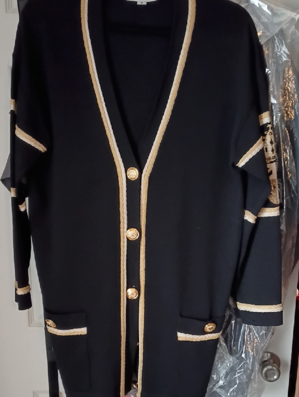 St. John Couture-Black & Gold Trim Long Cardigan Jacket